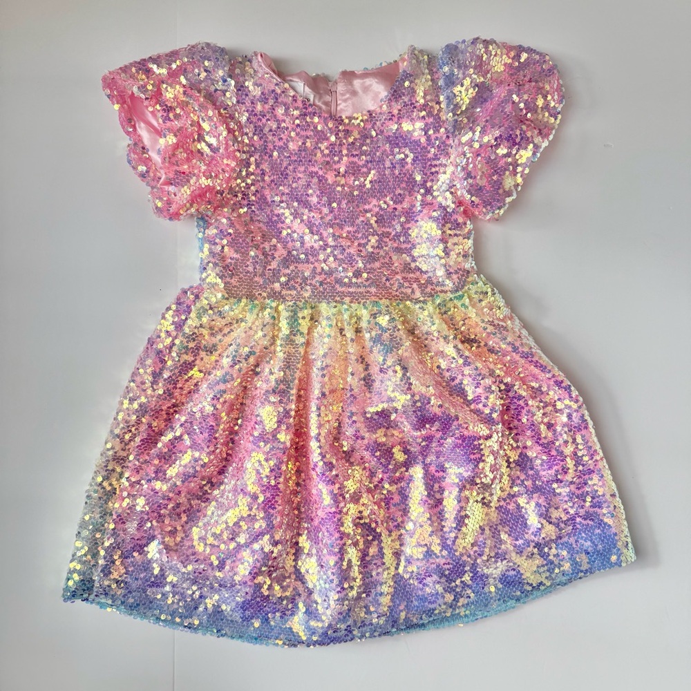 Lola and the Boys Rainbow Ombre Sequin Puff Sleeve Dress Girls Size 6 - Picture 2 of 5